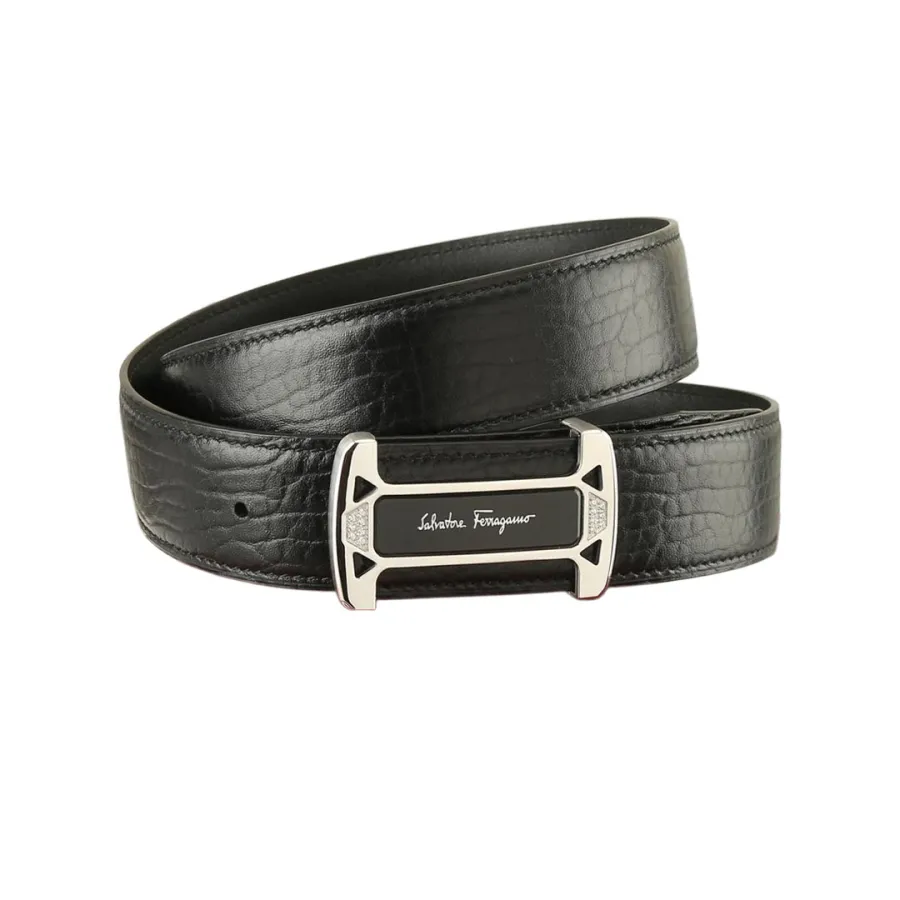 Ferragamo Men's Square Buckle With Crystal Belt In Black Calfskin With Gold/Silver Hardware 38mm