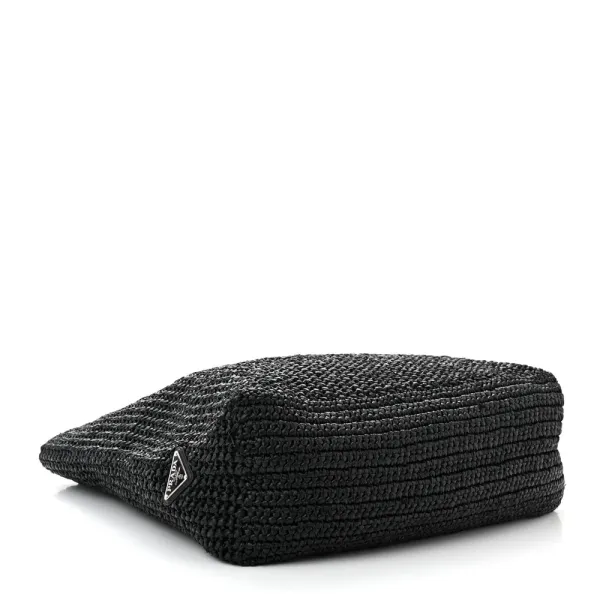 Prada Large Effect Crochet Logo Tote Bag Black Yarn Raffia - Image 6