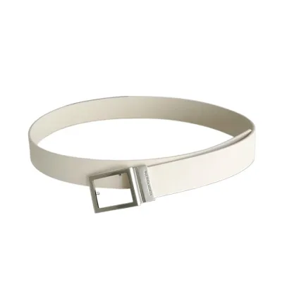 Bottega Veneta Men's Rectangled Buckle Belt In White/Black Calfskin With Silver Hardware 35mm