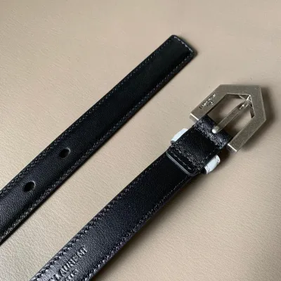 Saint Laurent Triangle Frame Buckle Thin Belt In Black/White Smooth Calfskin With Silver Hardware 20mm