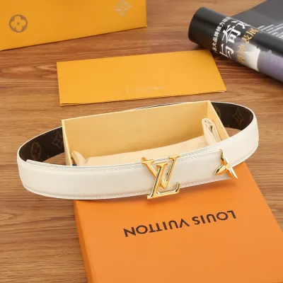 Louis Vuitton Women's Pretty LV Reversible Belt In White/Black Calfskin And Monogram Canvas With Gold/Silver/Black Hardware 30mm