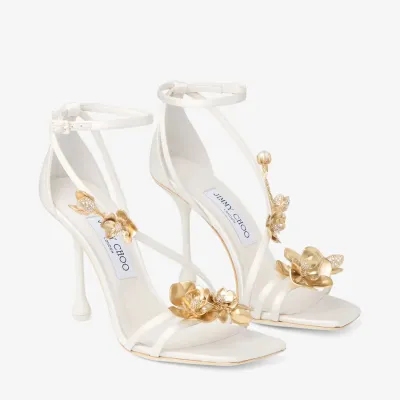 JIMMY CHOO Metallic floral embellished ivory white satin heel sandals