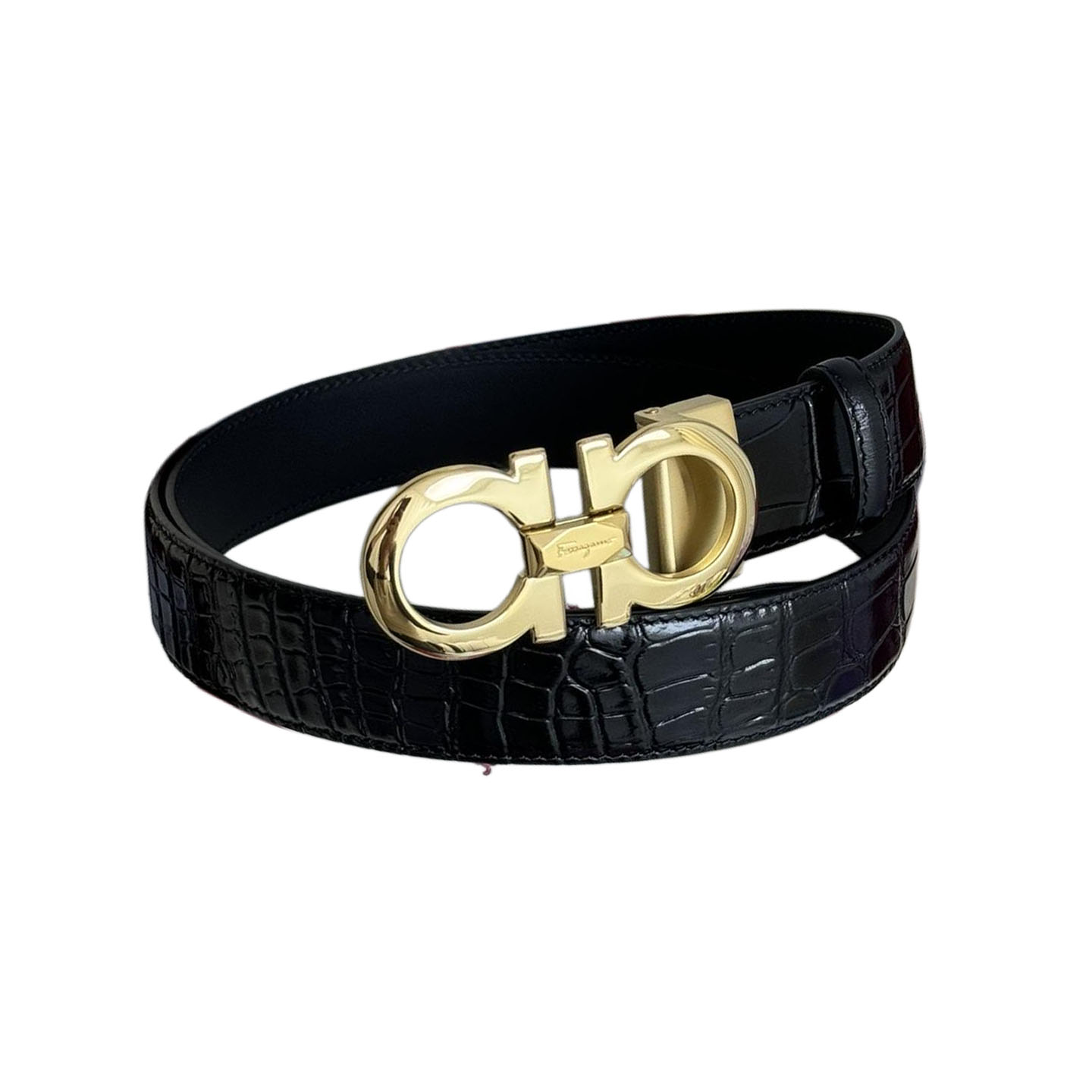 Cinto Reversível Masculino Ferragamo com Fivela Dupla Gancini em Couro Bezerro Relevado de Crocodilo Preto com Hardware Dourado/Prateado/Preto 35mm