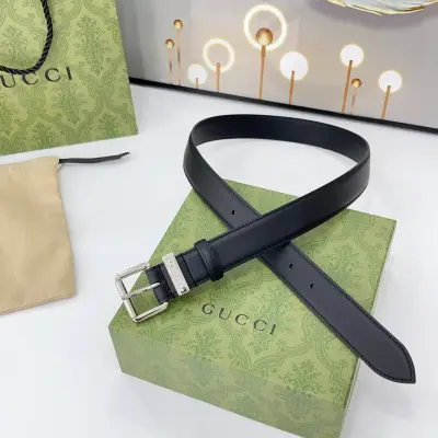 Gucci Women's Emblem Belt With Square Buckle In Black/Brown Calfskin And Beige/Black Monogram Canvas With Gold/Silver/Gun Black Hardware 30mm