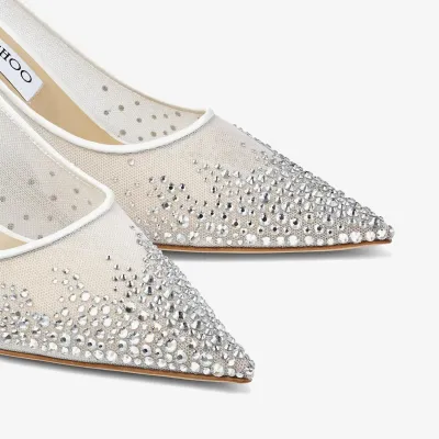 JIMMY CHOO Gradient crystal embellished white mesh fabric pointy heels