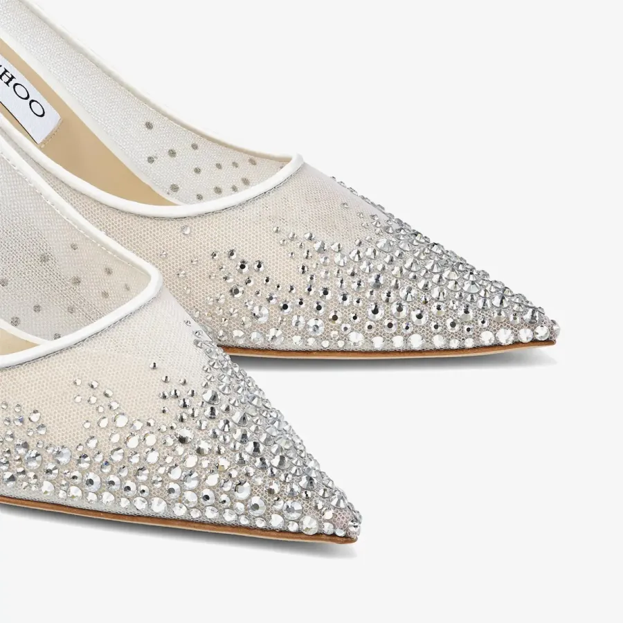 JIMMY CHOO Gradient crystal embellished white mesh fabric pointy heels