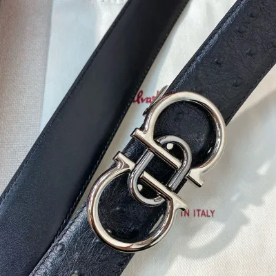 Ferragamo Men's Double Gancini Buckle Belt In Black Ostrich Grain Calfskin With Gold/Silver Hardware 35mm