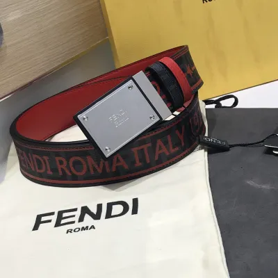 Fendi Men's Rectangle Buckle Belt In Black/Brown/Red Calfskin And Monogram Canvas With Gold/Silver Hardware 38mm