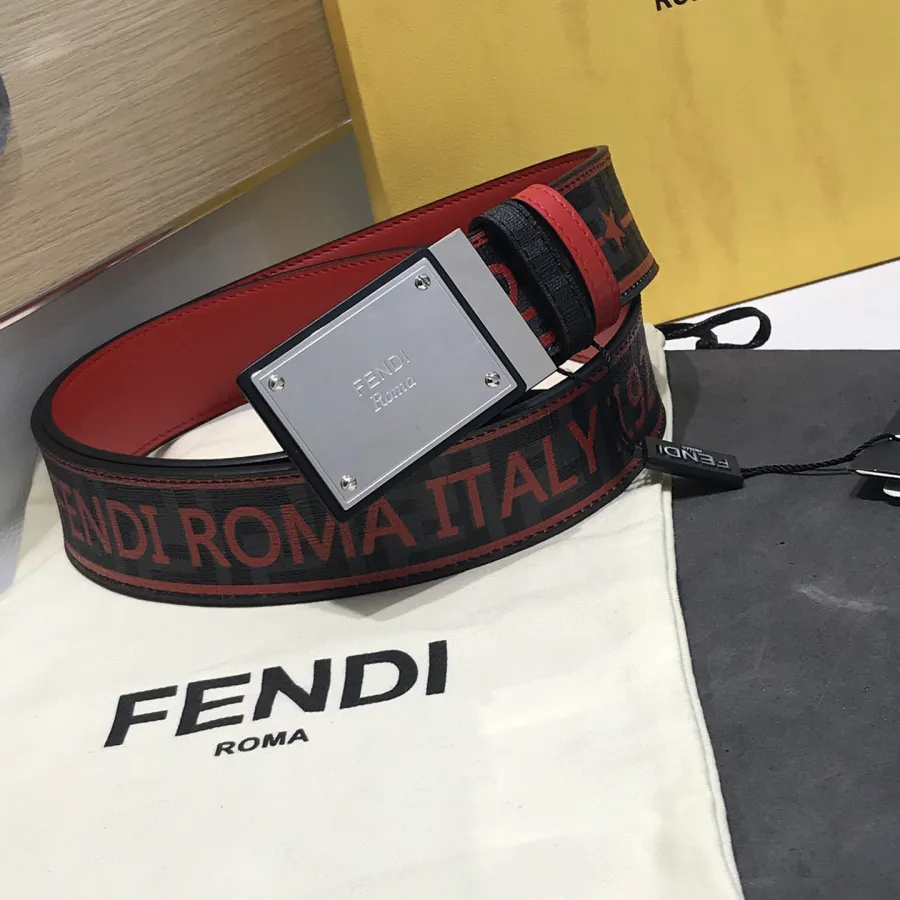Fendi Men's Rectangle Buckle Belt In Black/Brown/Red Calfskin And Monogram Canvas With Gold/Silver Hardware 38mm