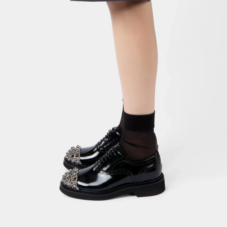 Roger Vivier Viv' Rangers Lace-Ups Loafers In Black Leather With Crystal Flowers