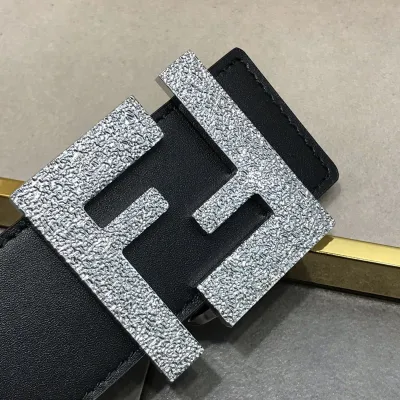 Fendi Men's FF Reversible Belt In White/Black Calfskin And FF Monogram Canvas With Gold/Silver Hardware 38mm