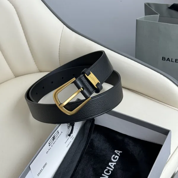 Balenciaga Men's Black Suit Belt In Black Grained Calfskin With Gold/Silver Hardware 35mm - Image 6