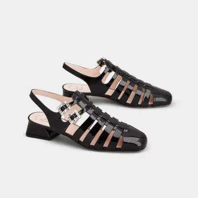 Roger Vivier Très Vivier Sandals In Black Patent Leather With Crystal Buckle (Heel Height 4.5cm)