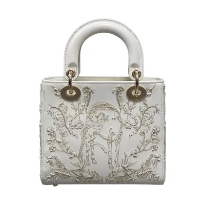 Dior Small Lady Dior Bag In White Calfskin Leather and White Satin Embroidered with Beads Light Gold Hardware