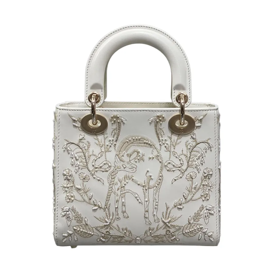 Dior Small Lady Dior Bag In White Calfskin Leather and White Satin Embroidered with Beads Light Gold Hardware
