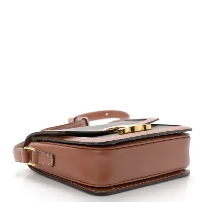 Celine Teen Triomphe Bag Medium Tan Calfskin Leather & Triomphe Canvas Gold Hardware