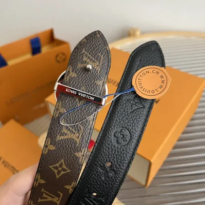 Louis Vuitton Women's Flowergram Round Buckle Reversible Belt In Black/White/Brown Calfskin And Monogram Canvas With Gold/Silver Hardware 30mm