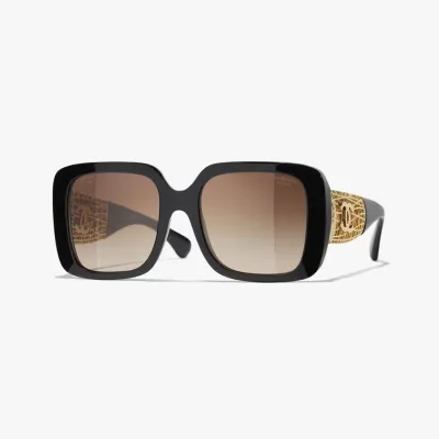 CHANEL square frame glasses black gold color size 54-20-140