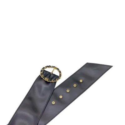 Chanel Women's Round Buckle Belt In Black Lambkin With Gold Hardware 50mm