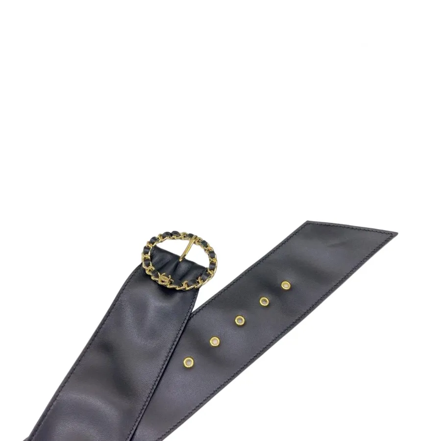 Chanel Women's Round Buckle Belt In Black Lambkin With Gold Hardware 50mm