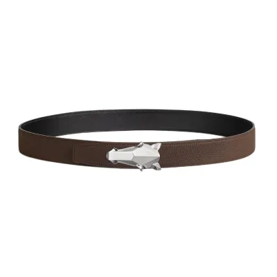 Hermès Men' s Destrier Buckle Reversible Belt In Black/Etoupe/Coffee/Brown/Blue Grained Calfskin With Silver Hardware 32mm
