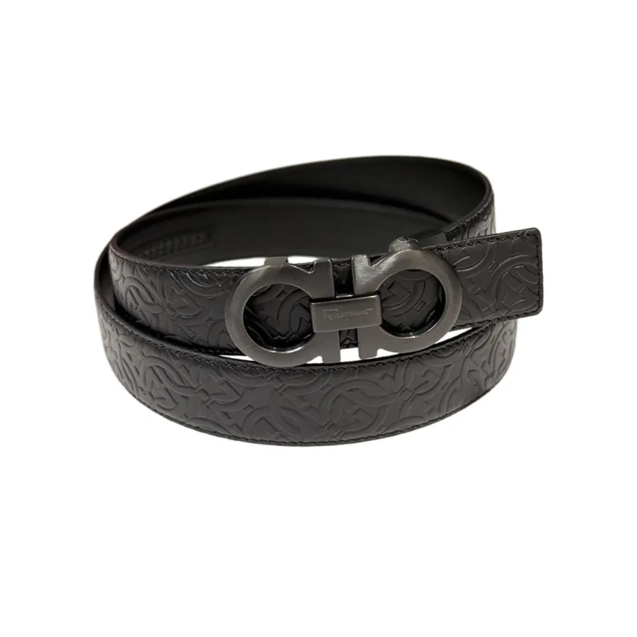 Ferragamo Men's Double Gancini Buckle Belt In Black Gancini Embossed Calfskin With Gold/Silver/Black Hardware 35mm