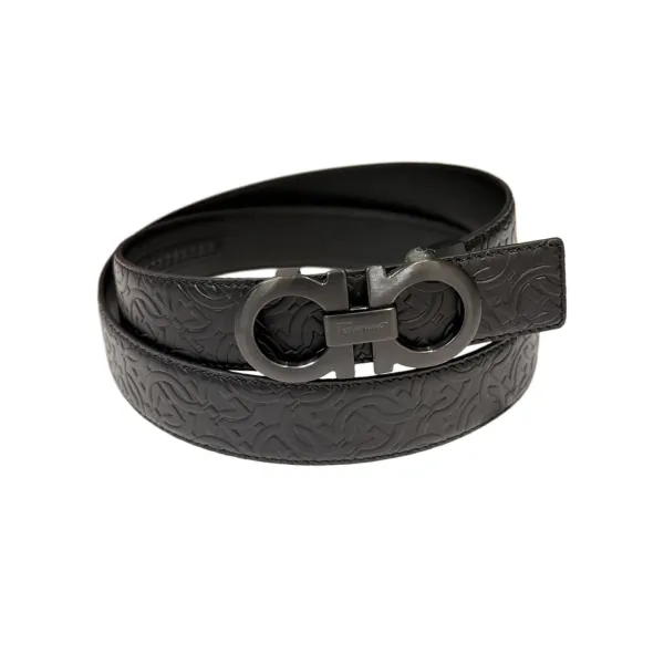 Ferragamo Men's Double Gancini Buckle Belt In Black Gancini Embossed Calfskin With Gold/Silver/Black Hardware 35mm - Image 3