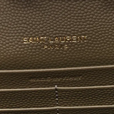 Saint Laurent Small Chain Wallet Dark Beige Triquilt Monogram Grain De Poudre Mixed Matelasse Leather Gold Hardware