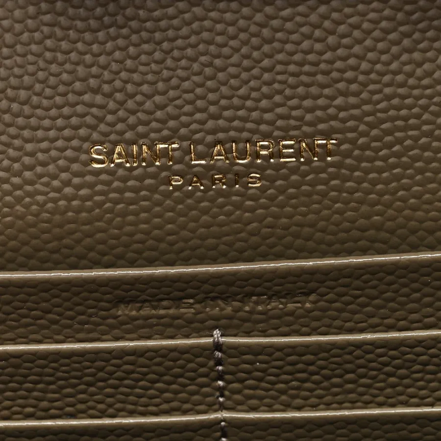 Saint Laurent Small Chain Wallet Dark Beige Triquilt Monogram Grain De Poudre Mixed Matelasse Leather Gold Hardware