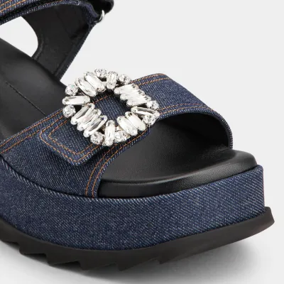 Roger Vivier Slidy Viv' Wedge Sandals In Blue Denim With Crystal Buckle (Heel Height 6.5cm)