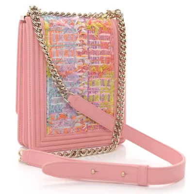 Chanel North-South Boy Flap Medium Pink Tweed & Quilted Calfskin Leather Light Gold Hardware