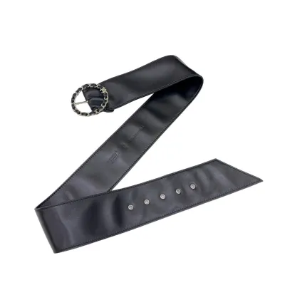 Chanel Women's Round Buckle Belt In Black Lambkin With Gold Hardware 50mm