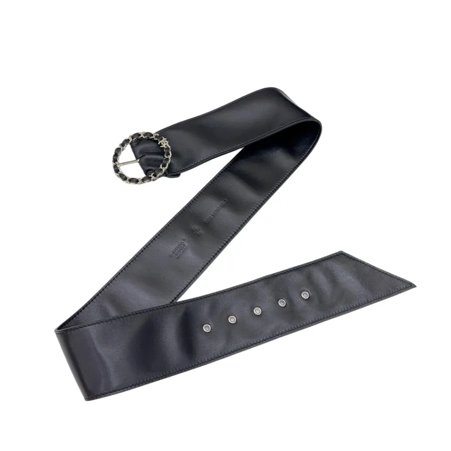 Chanel Women's Round Buckle Belt In Black Lambkin With Gold Hardware 50mm