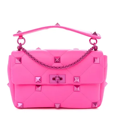 Valentino Garavani Large Roman Stud Shoulder Bag Pink PP Lacquer Monochrome Nappa Leather Incognito Hardware