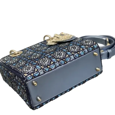 Dior Small Lady Dior Bag Metallic/Blue/Grey Lambskin and Rose des Vents/Dark Blue/Light Grey Satin Embroidered with Beads Gold Hardware