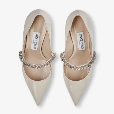 JIMMY CHOO Crystal decorated linen patent leather heels