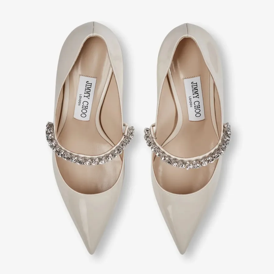 JIMMY CHOO Crystal decorated linen patent leather heels