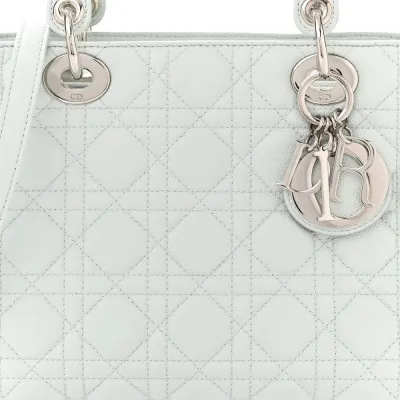 Dior Medium Lady Dior White Grained Cannage Calfskin Leather Silver Hardware