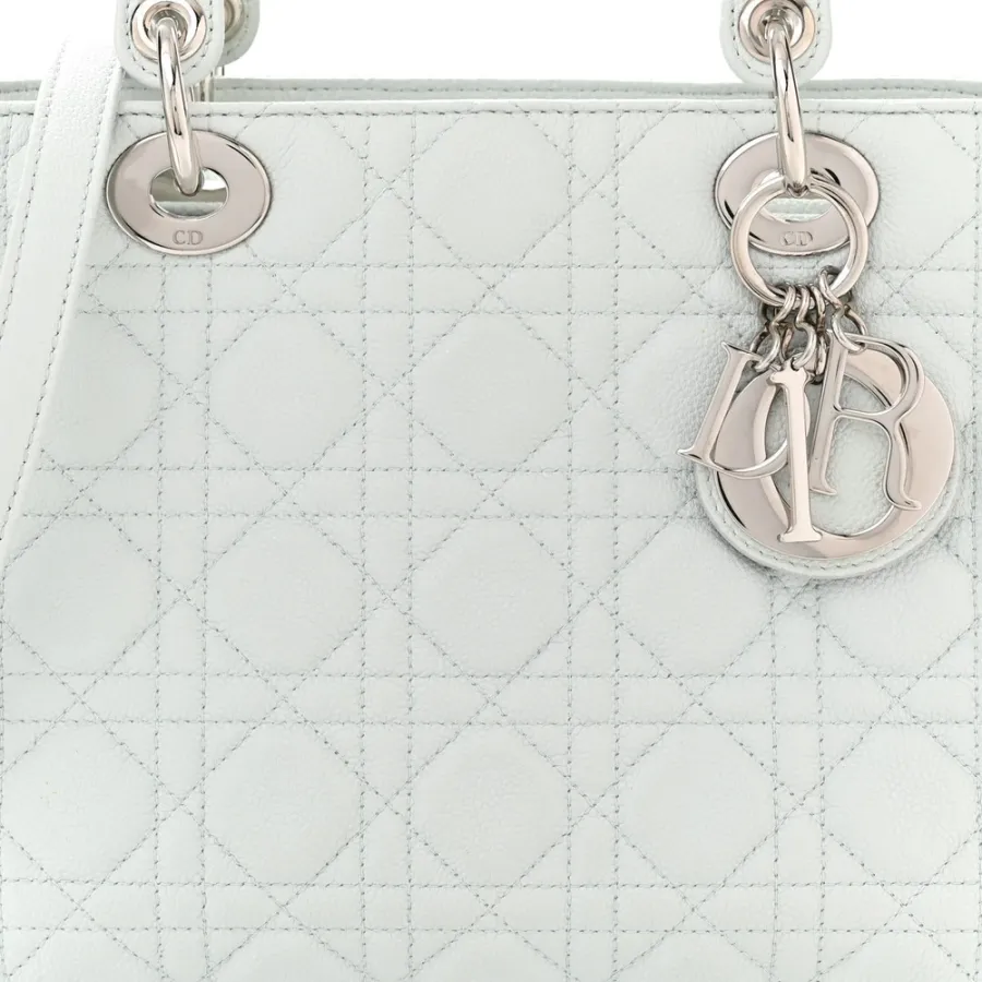 Dior Medium Lady Dior White Grained Cannage Calfskin Leather Silver Hardware