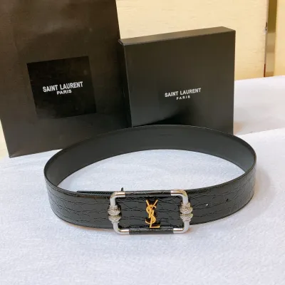 Saint Laurent Cintura Logo Buckle Belt In Black Crocodile-Embossed With Silver/Gold Hardware 30mm