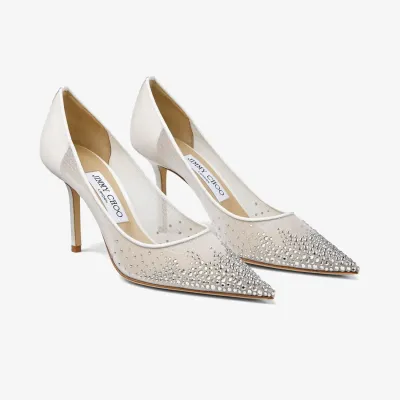 JIMMY CHOO Gradient crystal embellished white mesh fabric pointy heels