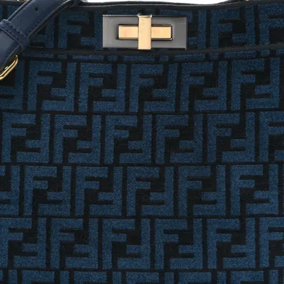 Fendi Medium FF Peekaboo I SEE U Satchel Blue/Black Chenille & Vitello Seta Leather Gold Hardware