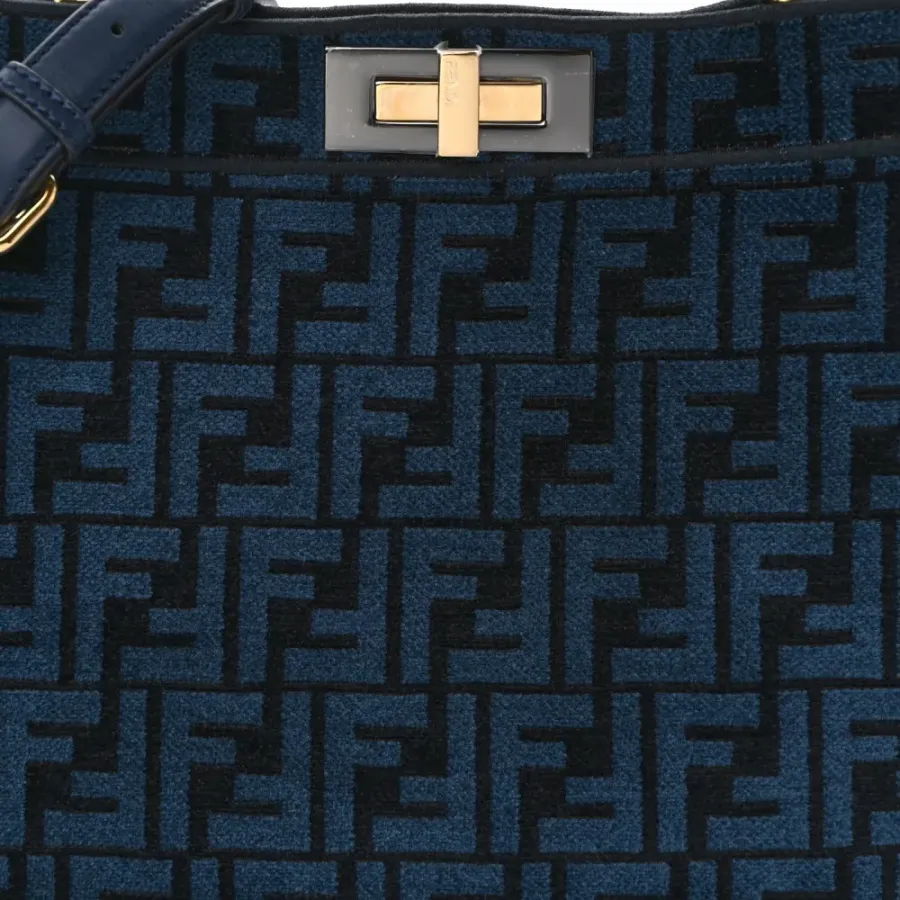 Fendi Medium FF Peekaboo I SEE U Satchel Blue/Black Chenille & Vitello Seta Leather Gold Hardware