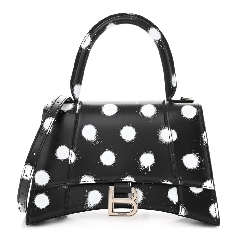 Balenciaga Bolsa Pequena Ampulheta com Alça de Mão Preto/Branco em Couro Bezerro Liso Spray Bolinhas Hardware Prateado