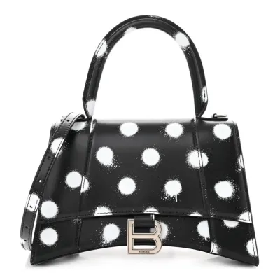 Balenciaga Small Hourglass Top Handle Bag Black/White Smooth Calfskin Leather Spray Polka Dot Silver Hardware
