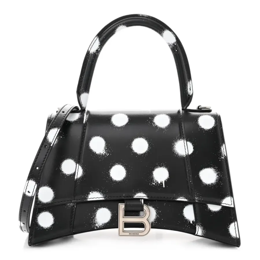 Balenciaga Small Hourglass Top Handle Bag Black/White Smooth Calfskin Leather Spray Polka Dot Silver Hardware