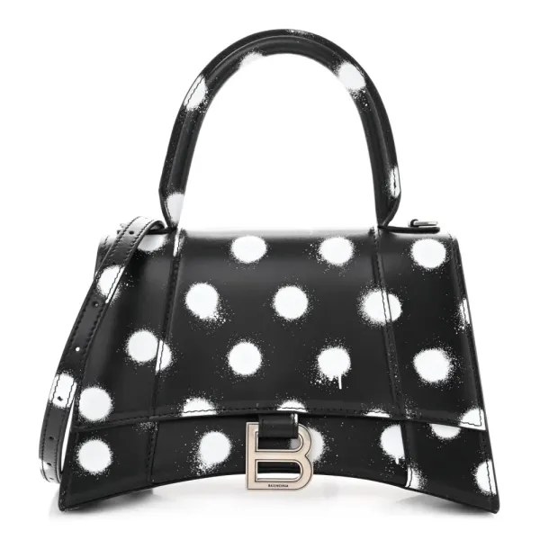 Balenciaga Small Hourglass Top Handle Bag Black/White Smooth Calfskin Leather Spray Polka Dot Silver Hardware