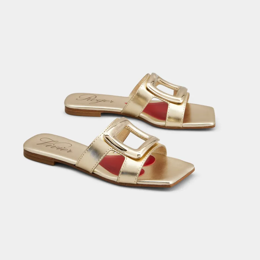 Roger Vivier Viv' By The Sea Mules Flats In Gold Leather With Metal Buckle