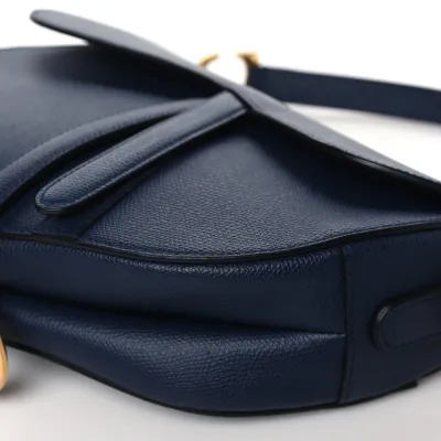 Dior Medium Saddle Bag Indigo Blue Grained Calfskin Leather Gold Hardware