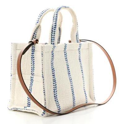 Celine Small Cabas Thais Tote Bag White/Blue Canvas & Calfskin Leather Stripe